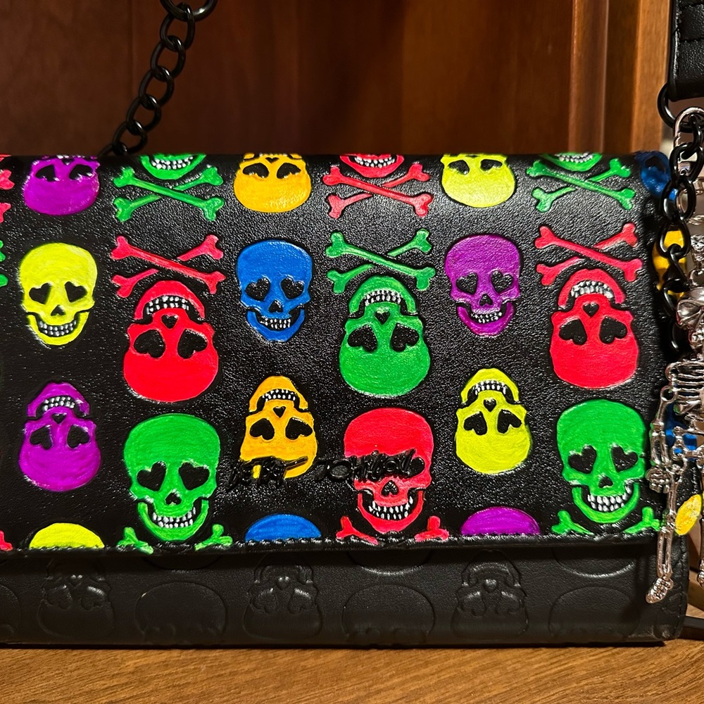 Hand painted Betsey Johnson neon Skull Crossbody Bag UV light reactive